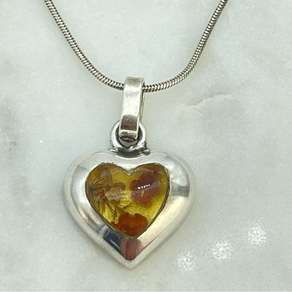 Silver ‘Forget Me Not’ Flower Heart Charm Pendant Necklace, Sterling Snake Chain - Picture 6 of 14